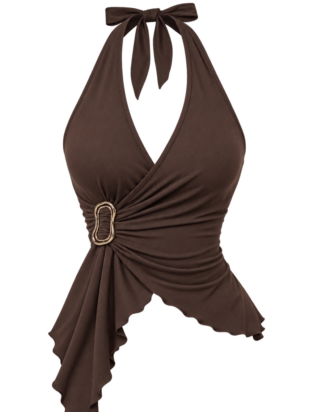 SHEIN Brown Halter Wrap Top with Gold Buckle Accent